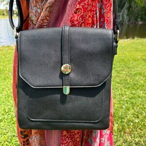 Isabelle Black Crossbody Shoulder Bag Vegan Leather Gold Tone Hardware Festival